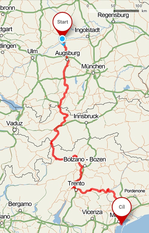 Mapa cyklotrasy Via Claudia Augusta - my ji jeli v opačném směru, tedy od cíle do startu